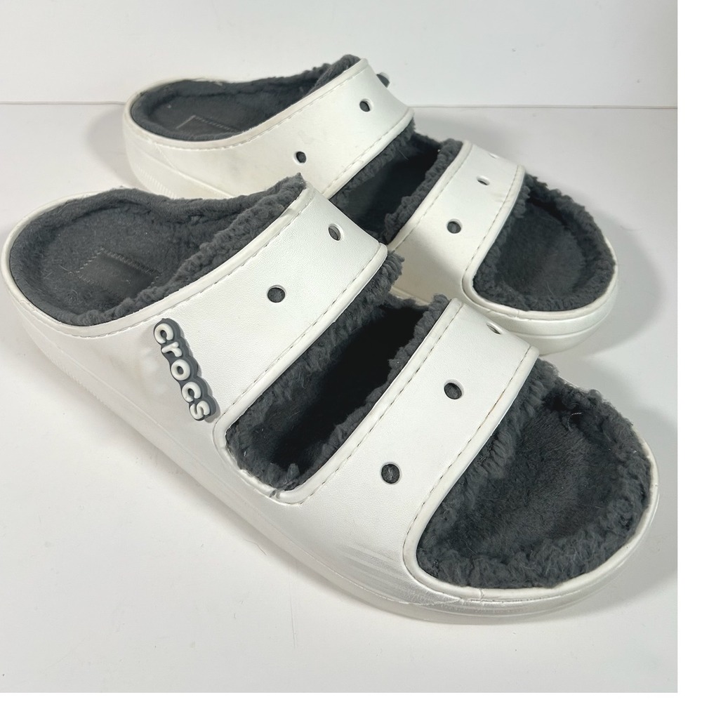 Crocs Classic Cozzzy Sandal White Grey Faux Fur Lined Two Strap Slide Mens 15